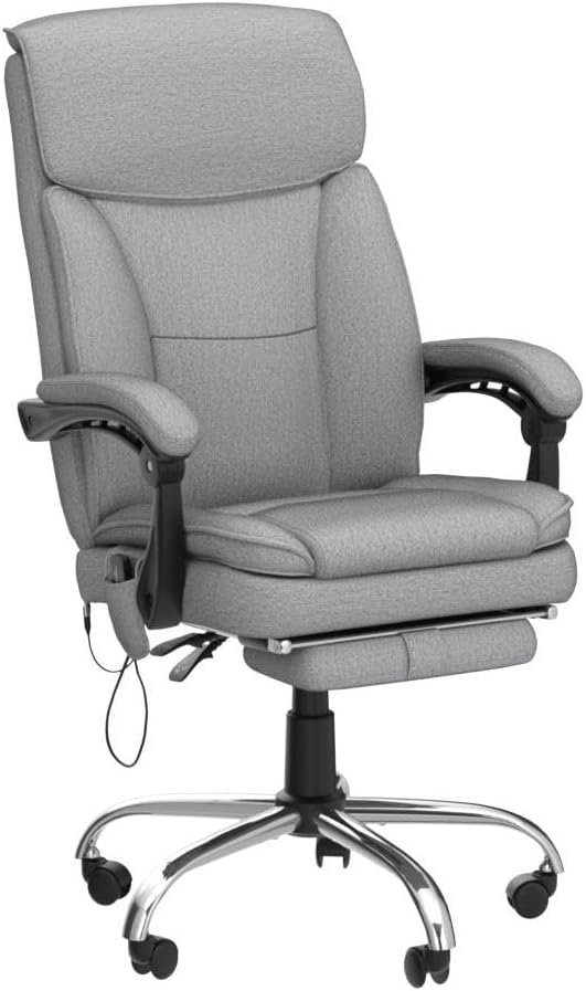 HOMREST Reclining Office Chair with 4-Point Massage, Breathable Fabric Executive Chair with Retractable Footrest, Ergonomic Computer Chair with High Back, Reclining Gaming Chair for Home, Light Grey