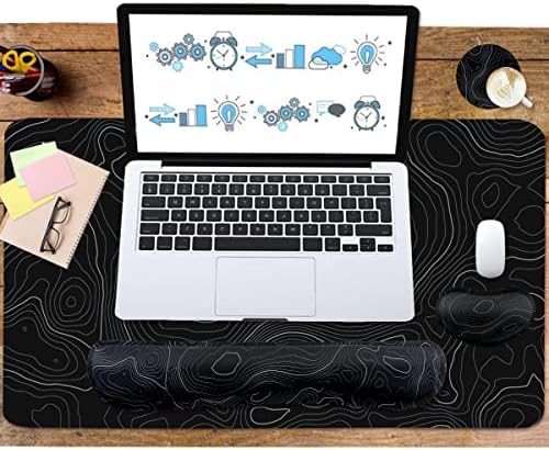 Topographic Mouse Pad Set, Extended Mouse Pad+Keyboard Wrist Rest, Memory Foam Ergonomic Easy Typing, 4Pcs (35.4×15.7 in) Desk Pad Set for Home Office Study Game-Topographic Contour