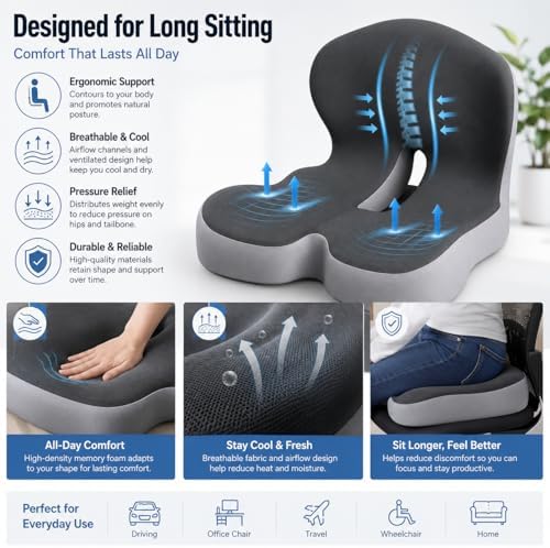 Orthopedic Seat Cushion – L-Shaped Lumbar Support Memory Foam Comfort for Long Sitting, Ergonomic Support for Office Chair, Wheelchair, Car & Travel (Light Gray,1)