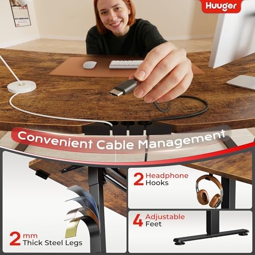 Huuger 71 x 30 Large Electric Standing Desk, Height Adjustable Computer Desk, 29.5" Deep Desktop, Stand up Gaming Office Table with 2 Hooks, 3 Preset Heights, for Home Office, Rustic Brown