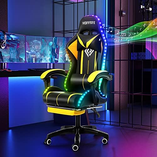 HOFFREE RGB Gaming Chair with Speakers Massage LED Lights Game Chair-Yellow