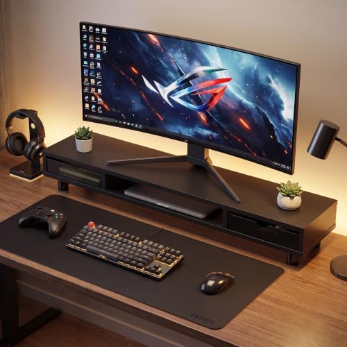 Fenge Dual Monitor Riser with 2 Drawers, 42.5in Long Desk Shelf, Black