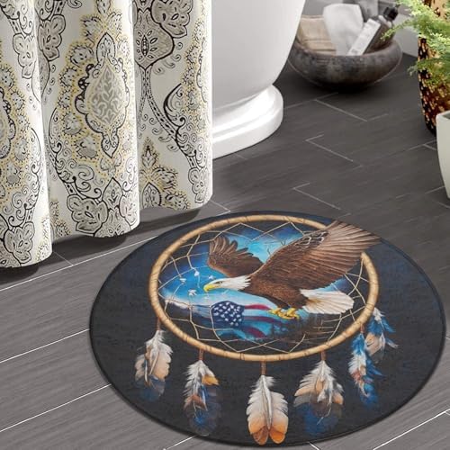 Home Decor Non Slip Kitchen Office Circle Rug, Machine Washable Modern Round Area Rug, Room Sofa Yoga Soft Round Carpet American Flag Boho Totem Native Eagle Dream Catcher, 24inch