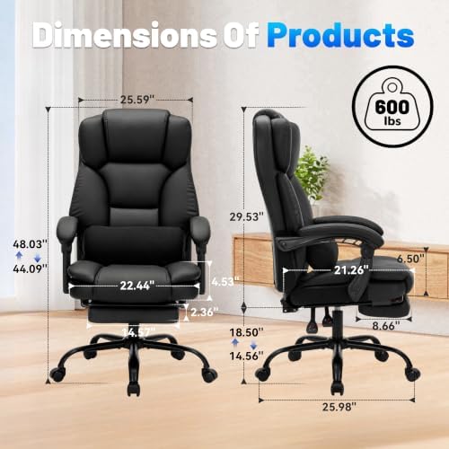600LBS Executive Office Chair with FootRest for Heavy People High Back Ergonomic Gaming Chair with Lumbar Support Reclining Home Office Desk Chair with Pocket Spring Cushion Breathable Leather (BLACK)
