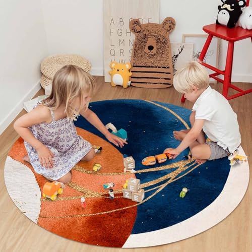 Navy Blue Burnt Orange Round Area Rugs, Boho Art Modern Geometric Non-Skid Children Playing Mat, 3.3ft Soft Circle Farmhouse Rugs for Living Room, Bedroom, Dining Room