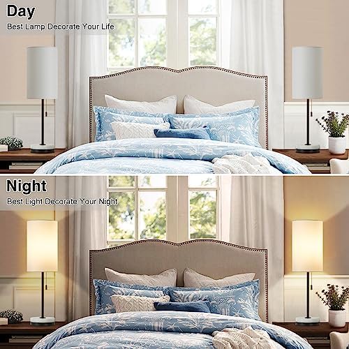 Luvkczc 18" Minimalist Table Lamp Set of 2, Nightstand Lamp for Bedroom Living Room, Modern Pull Chain Bedside Lamp with Marble Base, Fabric Shade, Small Desk Lamp for Home, Office, Reading