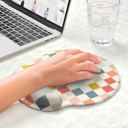 Retro Checkered Mouse Pad with Support Wrist Rest,Cute Funny Boho Ergonomic Mouse Pad with Non-Slip Base for Office Gaming Working Computers,Desk Accessories Pain Relief,Colorful