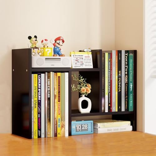 Desktop Shelf Organizer, Adjustable Wood Office Storage Rack, Counter Display Small Bookshelf for Home/Office/School(Dark Walnut)