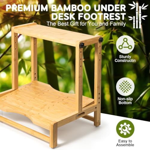 Two-Tier Bamboo Desk Footrest, Adjustable Ergonomic Leg Rest with Cushion
