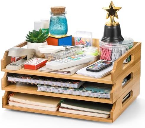 Okllen 3 Pack Stackable Paper Trays, Bamboo Desk Letter Tray Set, 3 Tier File Document Organizer Tray for A4 Paper, Magazine, Receipts, Office Supplies