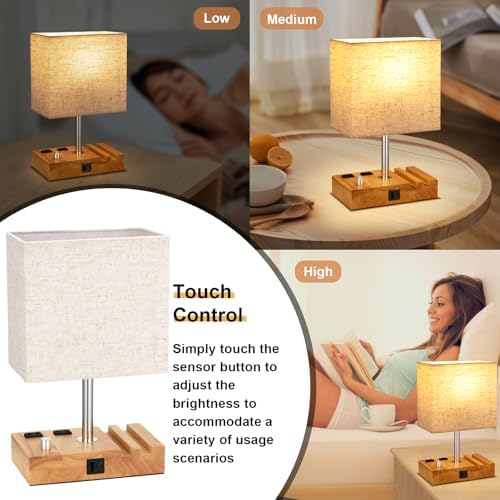 Wood Grain Table Lamp for Bedroom, Stepless Dimmable, USB C+A, 2 AC Outlets