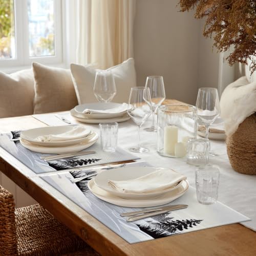Shrahala Winter Landscape Set of 8 12 X 18 Inch Linen Placemats, Grey and White Snow Fields Burlap Table Mat Washable Double Layered Heat Insulation for Indoor