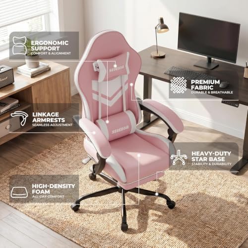 Gaming Chair with Footrest & Massage Lumbar Support, PU Leather Ergonomic High Back Swivel Height Adjustable Chair for Adults, Office Gaming, 300 lbs (Pink White)
