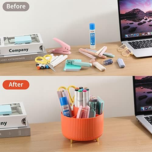 Desk Pencil Pen Holder, 5 Slots 360°Degree Rotating Pen Organizers for Desk, Desktop Storage Stationery Supplies Organizer, Cute Pencil Cup Pot for Office, School, Home, Art Supply, Orange