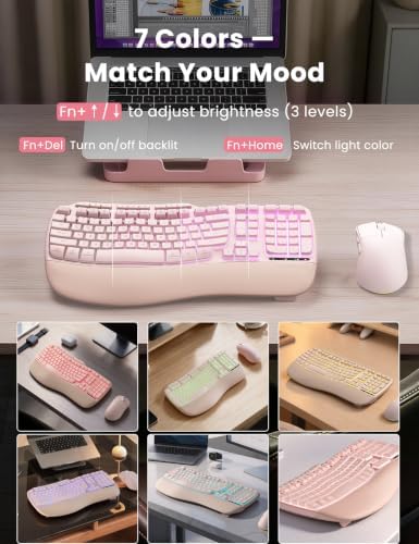 SABLUTE Pink Ergonomic Wireless Keyboard and Mouse Combo, Rechargeable 4000mAh Backlit Keyboard with Soft Faux Lambskin Palm Rest, Wave Keys for Natural Typing, Compatible with Windows/Mac/Chrome OS