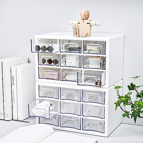Stackable Desk Organizer with 9 Drawers, Clear Storage Box, White