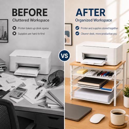 4-Tier Printer Stand with Storage for Desk, Wood Top, White