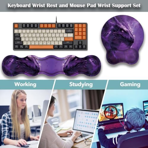 Ergonomic Keyboard Wrist Rest & Mouse Wrist Support Set with Lace Coaster, Gel Memory Foam Anti-Slip Base, Pain Relief for Typing, Purple Dragon