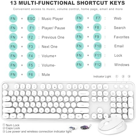 Wireless Keyboard and Mouse Combo, Ergonomic Full Size Typewriter Retro Round Keycaps Keyboard, Compatible with Windows, PC, Perfer for Home and Office Keyboards（White）