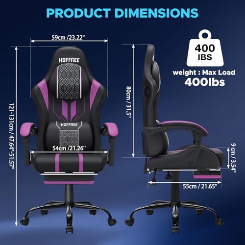 HOFFREE LED Gaming Chair with Bluetooth Speaker RGB Light Game Chair-Purple