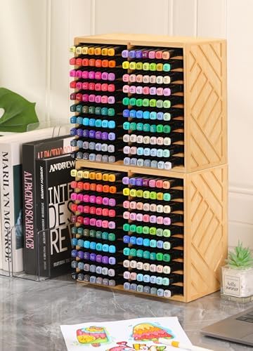 Bamboo Marker Organizer for Desk, Marker Storage Organizer for 140 Markers，Pens, Pencils and Art Brushes，Wooden marker holder for Home, Classroom and Office Decor,Bamboo