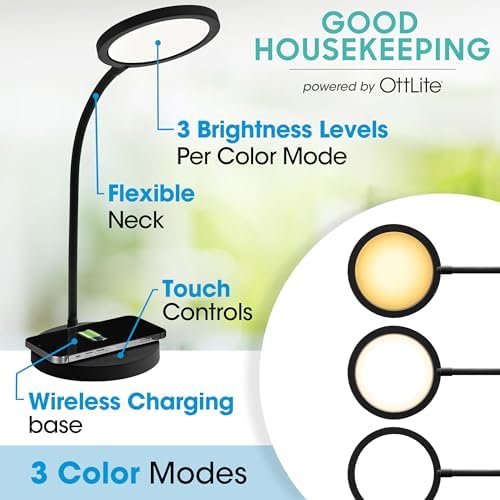 OttLite Good Housekeeping Circular Desk Lamp, Wireless Charging, Black