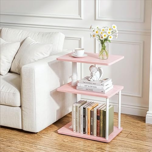 Faesun Swivel Side Table for Couch Arm, Adjustable C End Table for Recliner or Bed, Tv Trays with Storage Shelf for Small Spaces Small Nightstand Table for Living Room, Bedroom，Pink