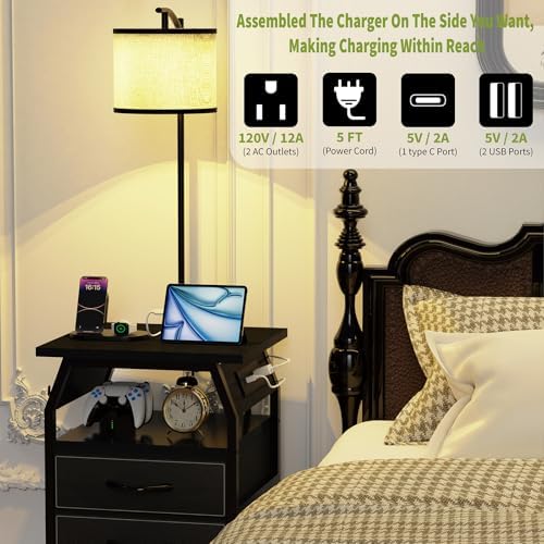 runjuly Floor Lamp with Table Set 2, End Table with Light & Charging, Black