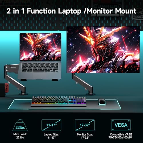 Pholiten 2 in 1 Laptop Desk Mount with Gas Spring Arm