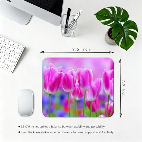 9.5x7.9 Inch Office/Gaming Mouse Pad, Blossoming Pink Tulips Flowers in a Vibrant Garden Floral Art Cute Anti-Slip Mat for Desk