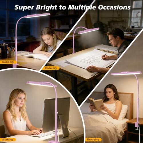 MOICO LED Desk Lamp with Clamp for Office Home-(Pink, 14.8in)