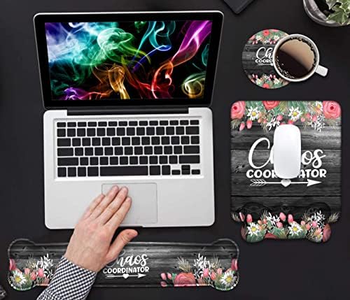 Keyboard Wrist Rest & Mouse Pad Wrist Support Set, Chaos Coordinator Quotes Colored Floral Wreath Print Design Non-Slip Rubber PU Base for Home Office Working Studying Easy Typing & Pain Relief
