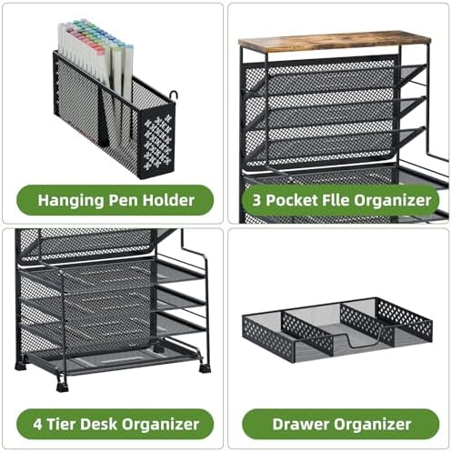 Ekisemio 8 Tier Desk File Organizer with Sliding Drawer, Desktop Organizers and Accessories, Letter Size File Organizer for Desk, Black