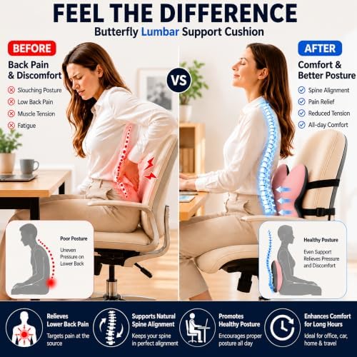 Back Support for Office Chair,Lumbar Support Pillow for Office Chair,Back Pillow for Chair,Memory Foam Back Cushion for Car Seat,Computer Chair Cushion,Removable &Washable Cover (Enhanced Pink)