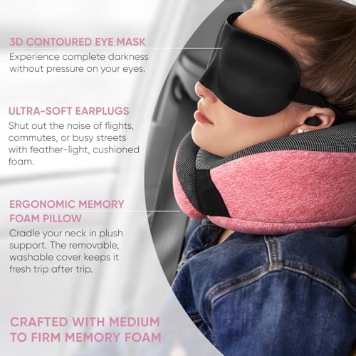 Proglobe Travel Pillow, 100% Pure Memory Foam Airplane Neck Pillow, Pink