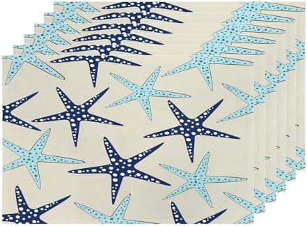 Shrahala Coastal Nautical Set of 6 12 X 18 Inch Linen Placemats, Blue Navy Sea Star Seamless Beach Turquoise Starfish Burlap Table Mat Washable Double Layered Heat Insulation for Indoor/Outdoor