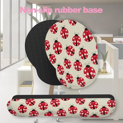 Cute Ladybug Mouse Pad with Wrist Rest Set, 3-in-1 Wrist Support Mousepad Set, Gaming Mat Pad with Anti-Skid Base,Ergonomic Memory Foam Mouse Pad Set for Women, Office, Typing, Gaming