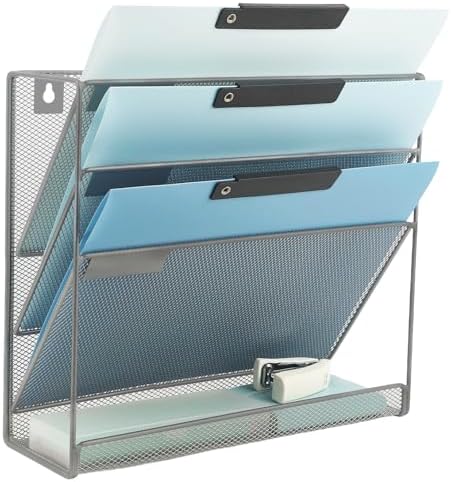 EASEPRES Desk File Organizer Mesh 4-Tier, Hanging Wall Mount Document Organization Stand, Desktop Vertical Mail Paper Folder Holder Rack with Bottom Tray for Office Home Cubicle Countertop, Gray