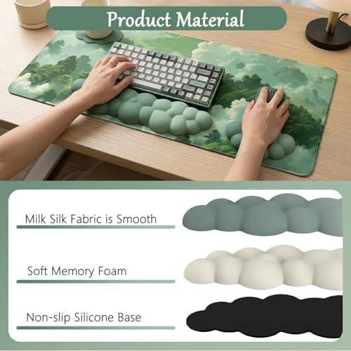 Green Cloud Mouse Pad and Keyboard Wrist Rest 4PCS Extended Forest Mountain Aesthetic Large Desk Mat Pad Set Memory Foam Non-Slip Cute Ergonomic Gaming Mouse Pad Wrist Support for Computer Home Office