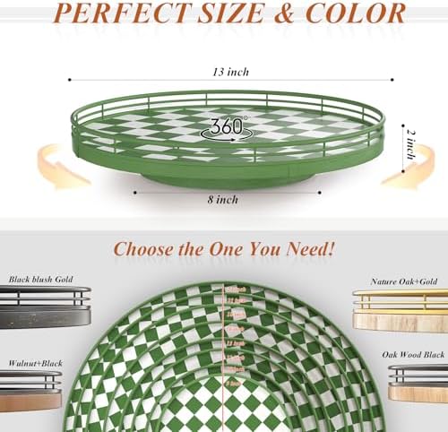 AMH 13-Inch Green and White Checkerboard Lazy Susan with Rubberwood Base