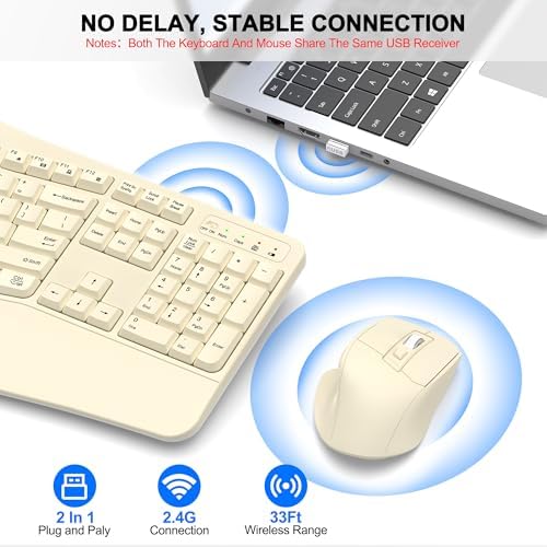 Wireless Keyboard and Mouse Combo, 2.4G Ergonomic Wave Keys (Latte)