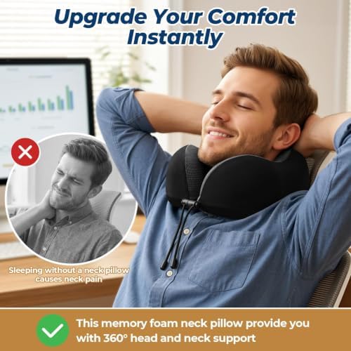 ExploreBliss Travel Pillow, Memory Foam Neck Pillow Airplane, Black