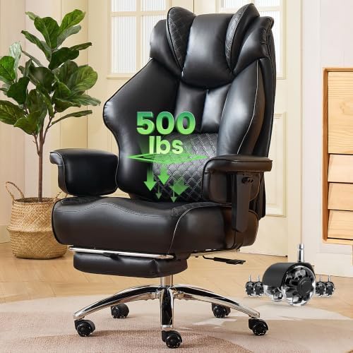 CIOMAN 500lbs Big and Tall Office Chair Adjustable Lumbar Support, Extra Wide Seat Ergonomic Gaming Chair with Footrest, Heavy Duty High Back Executive Leather Computer Desk Chair, Black