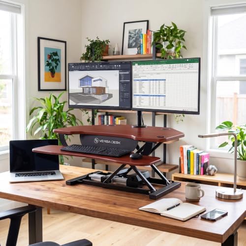 VERSADESK PowerPro 36 Inch Electric Corner Standing Desk Converter, Motorized Height Adjustable Sit-Stand Desk Riser, Dual Monitor & Laptop Workstation with Keyboard Tray, Cherry