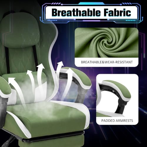 Gaming Chair with Footrest, Ergonomic Fabric Desk Chair, Dark Green