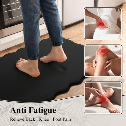 KIMODE Scalloped Kitchen Mats for Floor Cushioned Anti Fatigue Black Wavy