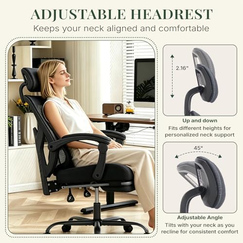 Ergonomic Office Chair with Footrest, High Back Home Desk Computer Chair with Lumbar Support & Headrest, 90-135° Reclining Mesh Back with Wheels for Work, Gaming, Black