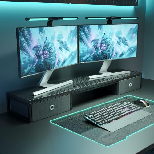 Mexin 39" Dual Monitor Stand Riser with 2 Storage Drawers, Carbon Fiber Computer Desk Organizer for 2 Monitors, Heavy Duty 100 Lbs Desktop Stand with Phone Tablet Holder for Home Office, Black