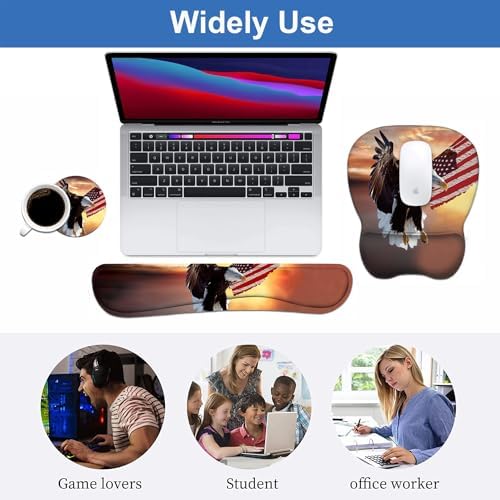 Ergonomic Mouse Pad Wrist Support and Keyboard Wrist Rest Set with Coasters, Non-Slip PU Base, Easy Typing & Pain Relief, Perfect for Home Office Working Studying, Patriotic American Flag Bald Eagle