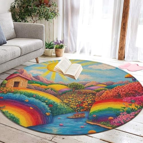 Machine Washable Modern Round Area Rug, Room Sofa Yoga Soft Round Carpet, Home Decor Non Slip Kitchen Office Circle Rug Colorful Red Cottage Landscape Art, 36inch